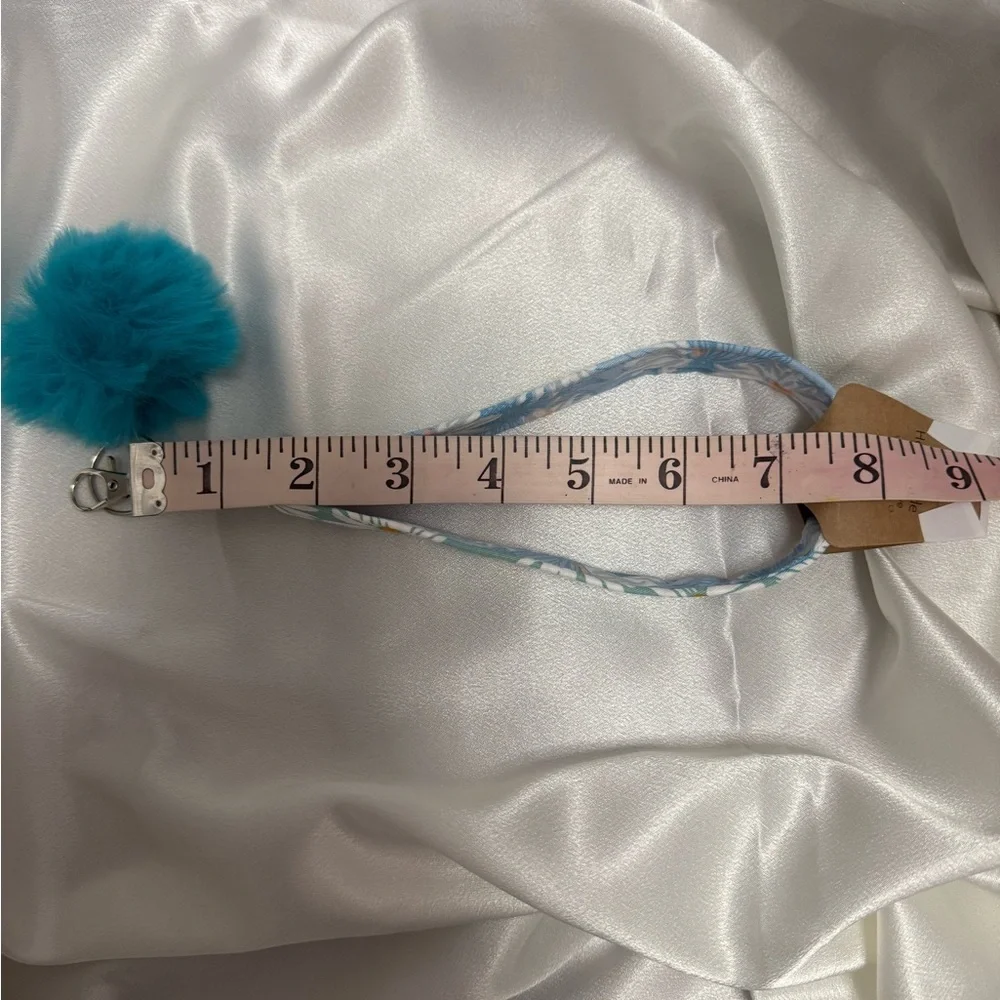 Handmade Green and Blue Daisy Wristlet Keychain with Blue Pompom